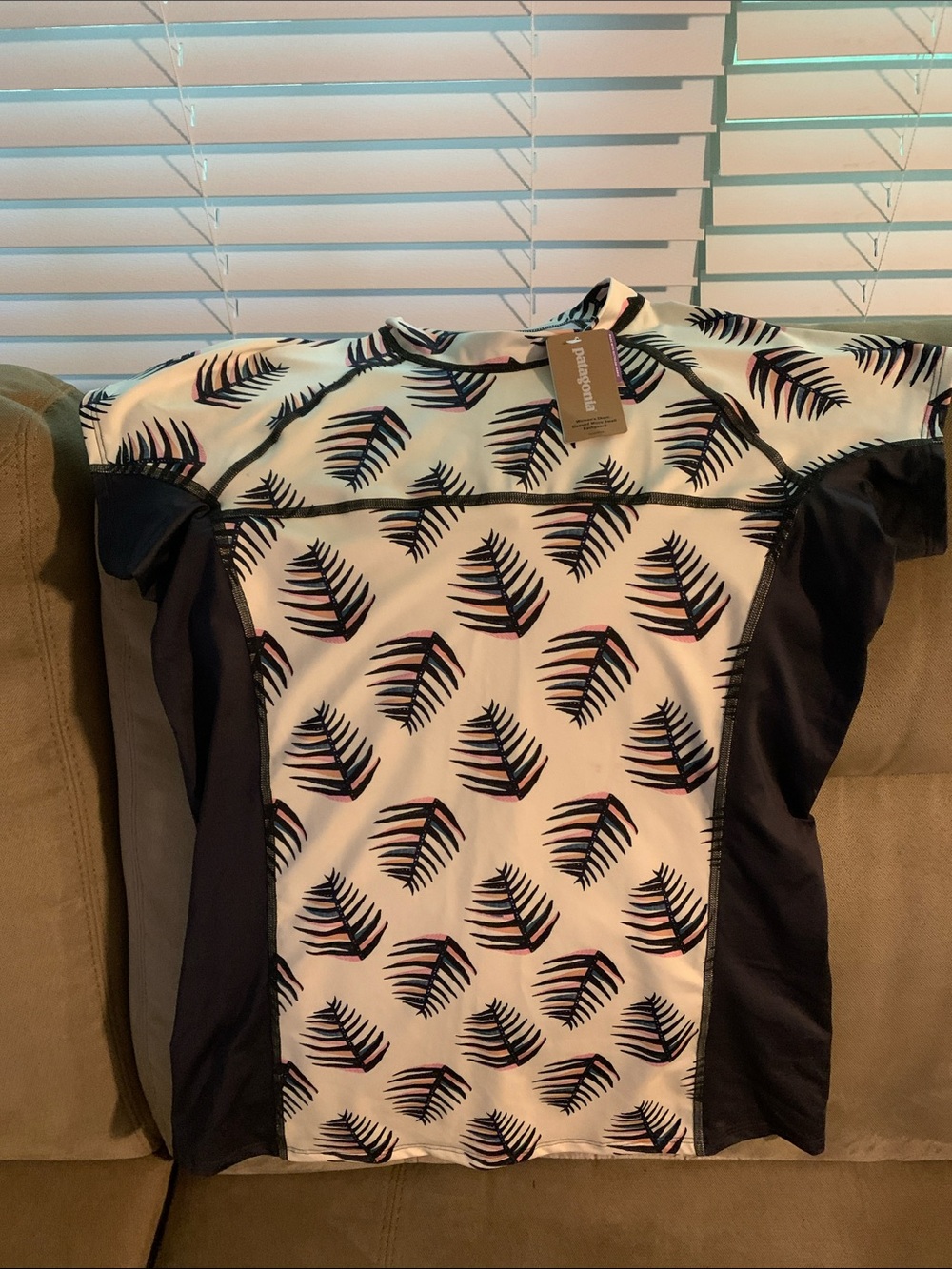 Patagonia White Rashguard with Navy, Pink & Teal Leaf Print